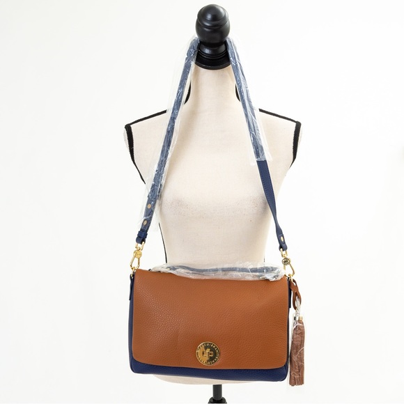 Preppy leather messenger bag Isaac Mizrahi Live Bridgehampton blue & brown - Picture 2 of 16